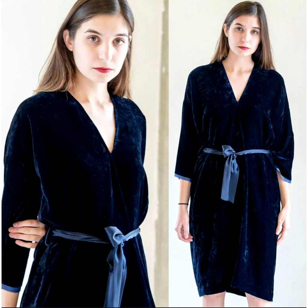 Nili Lotan XS Rochelle Luxury VELVET Dress V Neck Satin Tent Deep Navy Blue NEW!